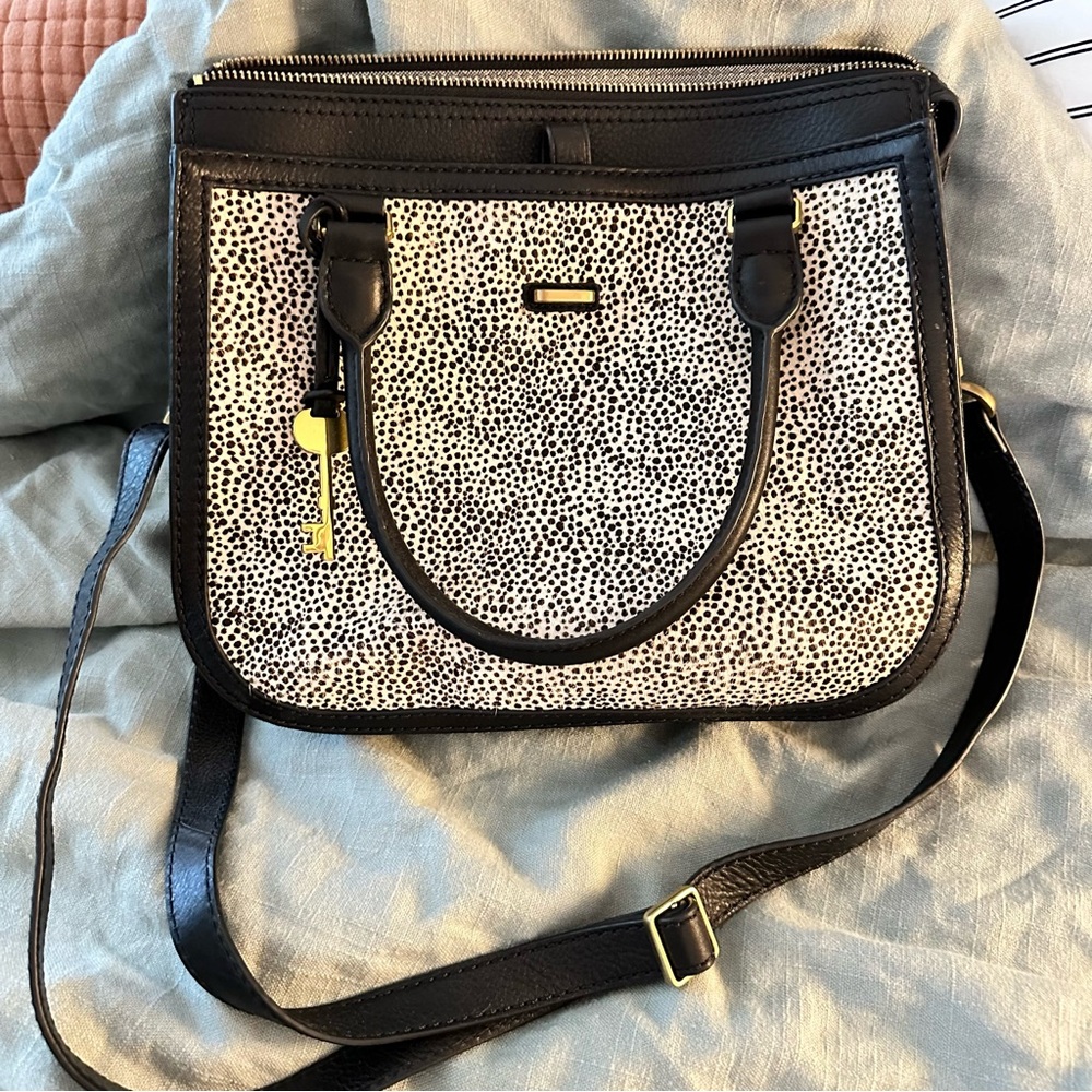 Fossil Purse, black leather with cheetah print panel on front